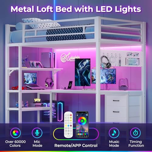 Twin Metal Loft Bed with L-Shaped Desk, LED Lights, Charging Station, Fabric Drawers & Shelves, White S2433