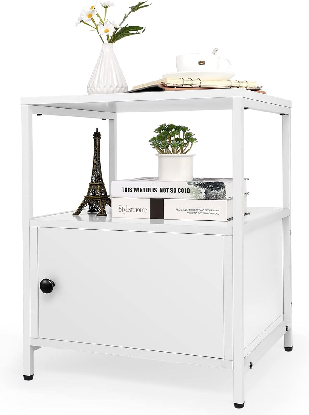 White Wooden 3-Tier Side Table with Storage Cabinet and Open Shelf Z974976