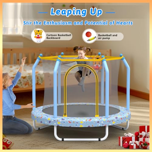 55" Kids Trampoline with Basketball Hoop and Safety Enclosure W746