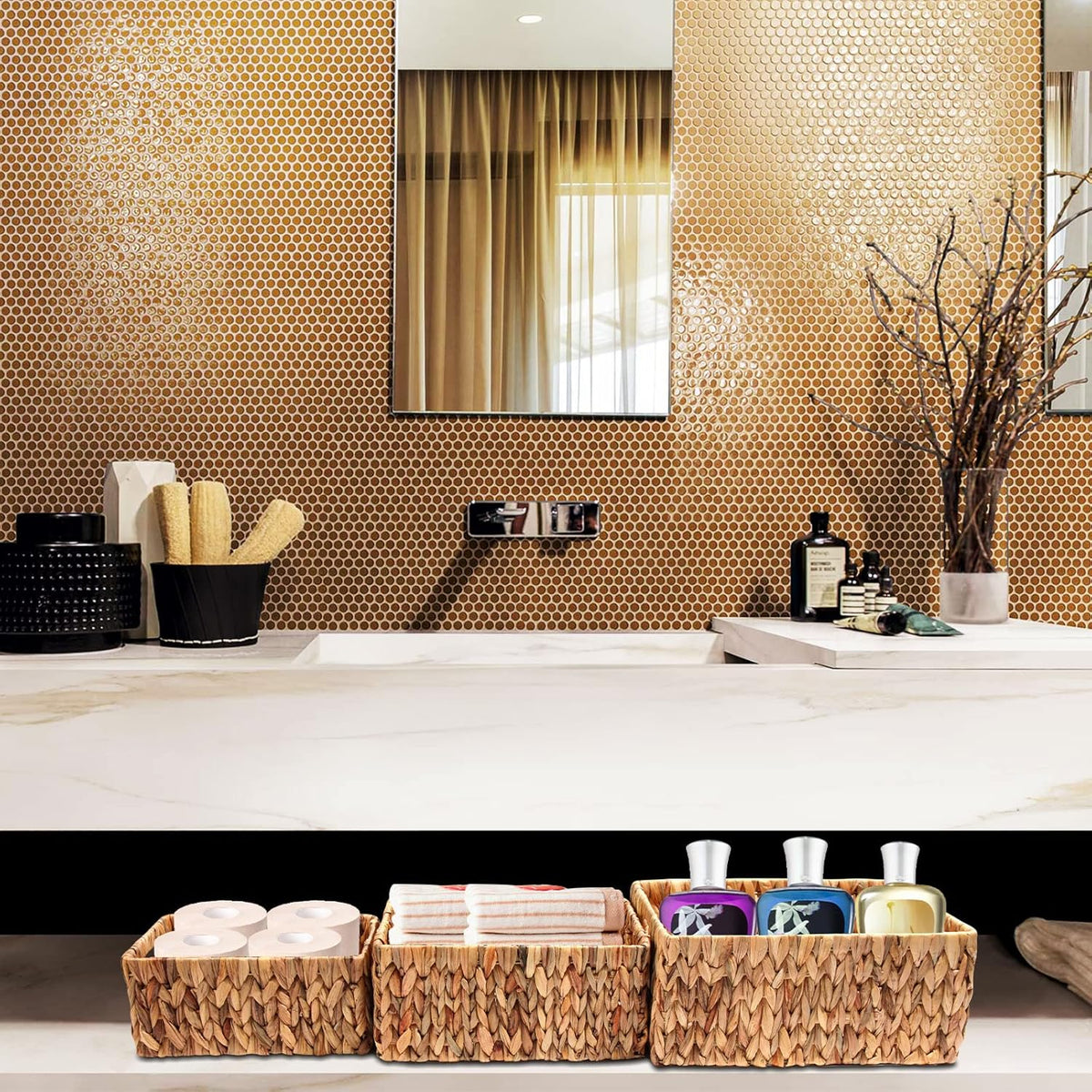 3pcs Handmade Woven Water Hyacinth Storage Baskets Set with Handle S36228