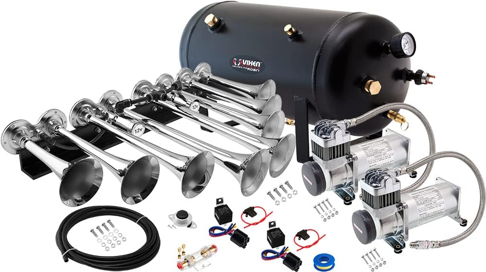 Train Horn Kit with Dual 200psi Air Compressor, 5 Gallon Tank, 8 Trumpets B8236