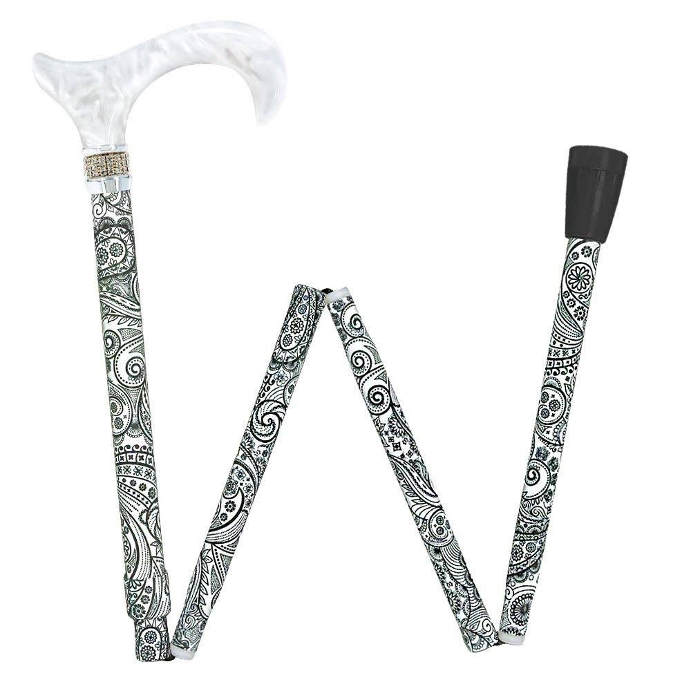 White Pearlz Rhinestone Collar Black Swirl Adjustable Folding Cane C8029