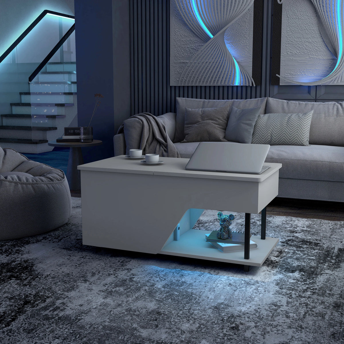 White Lift Top Storage Coffee Table with LED Light T7394