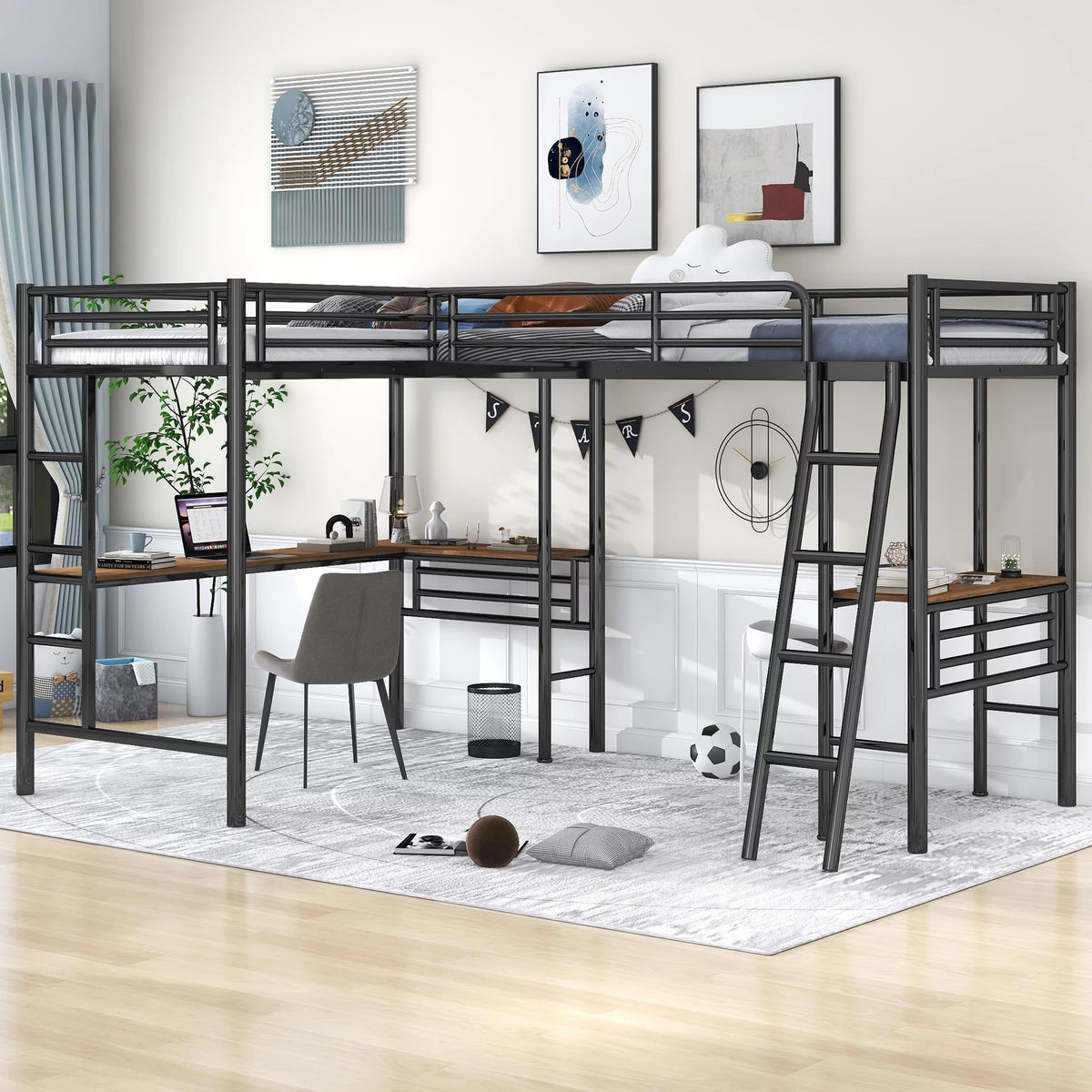Twin Metal Loft Bed with Desk and Ladders R782