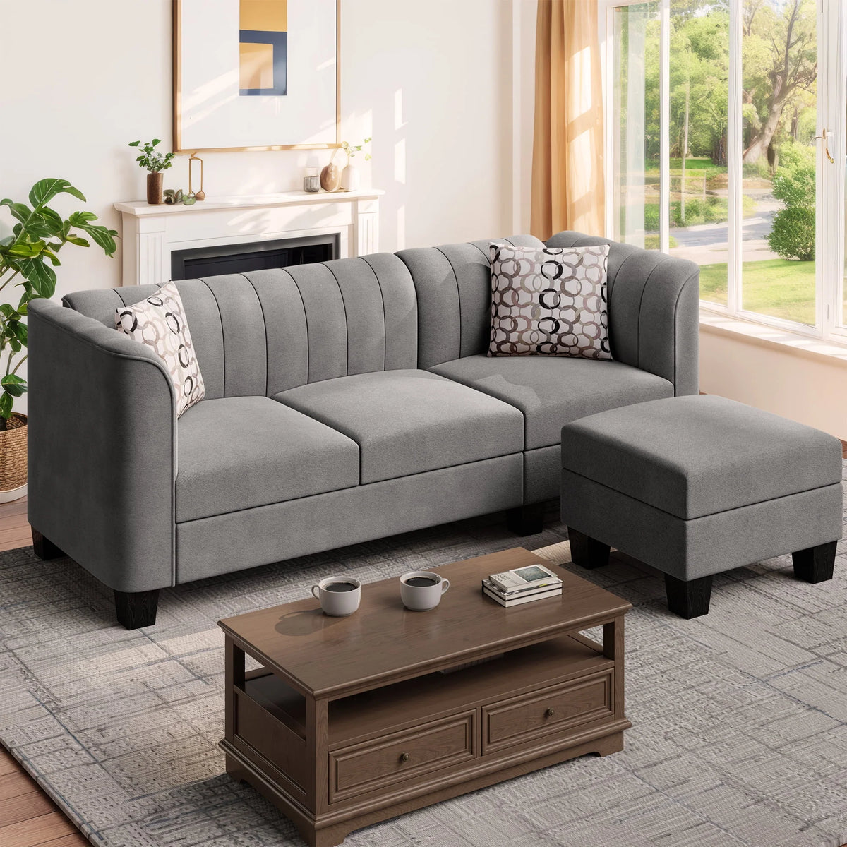 Black L Shaped Linen Fabric Sectional Sofa N8312