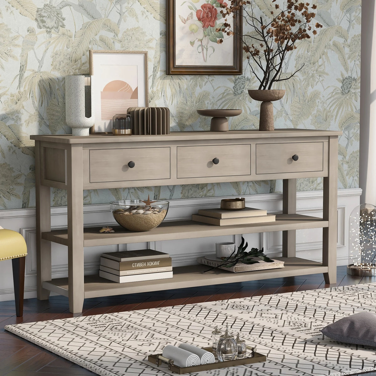 Solid Wood Console Table with Drawers and Shelves U366