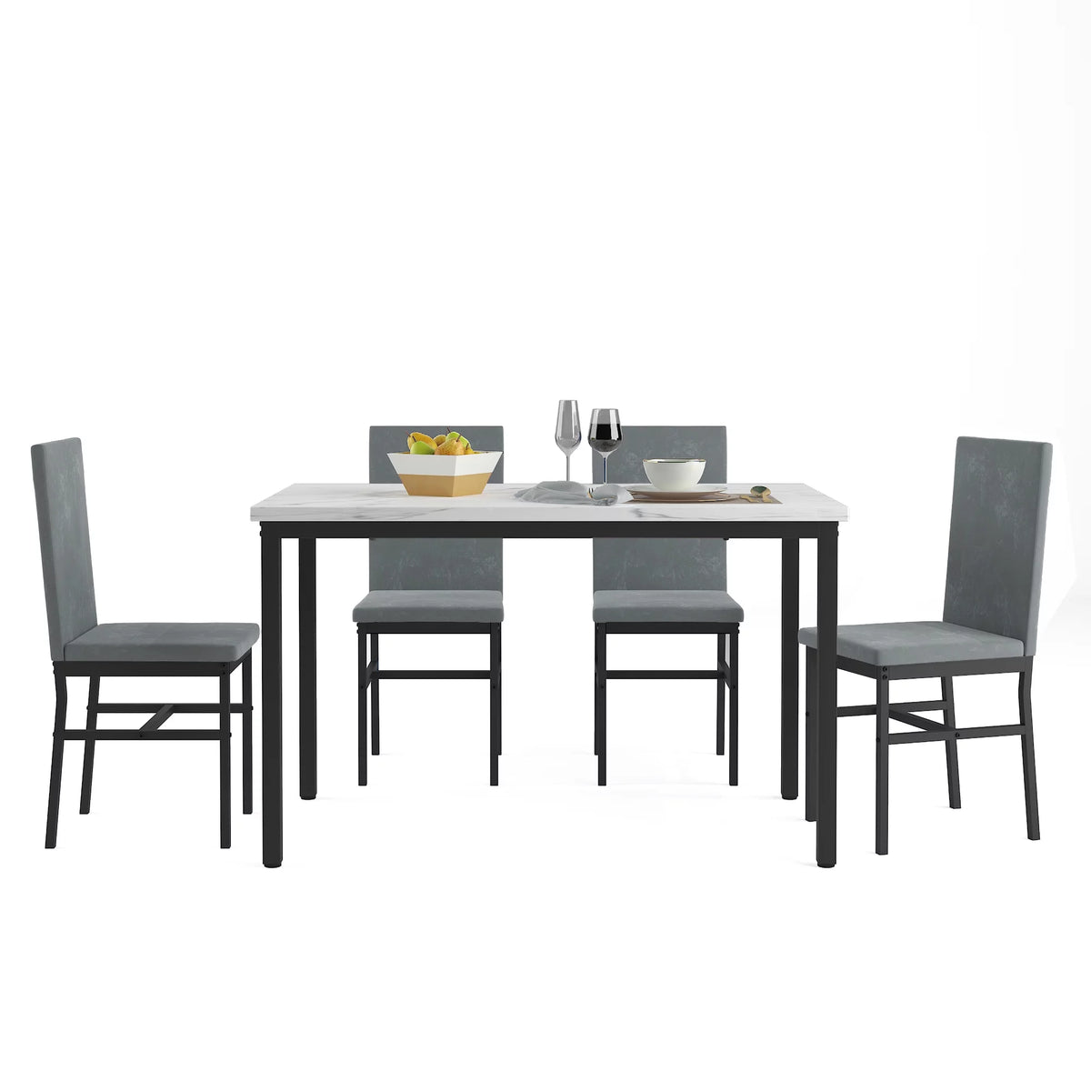 5-Piece White Marble Top Dining Table and 4 Gray Velvet Chairs A2125