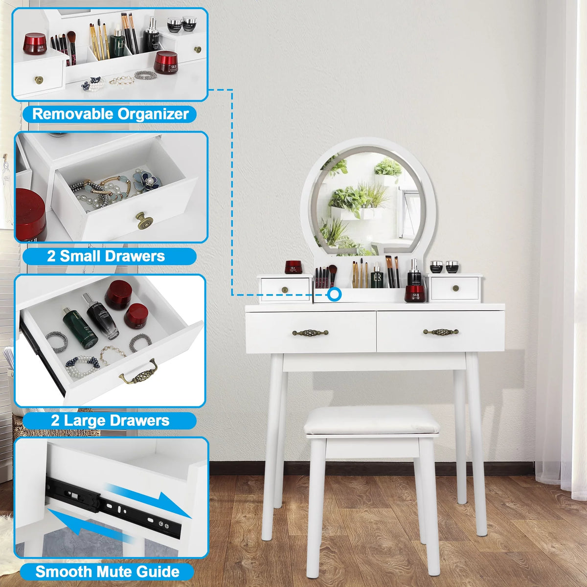 White Vanity Table Set with Lighted Mirror and 4 Drawers R289896