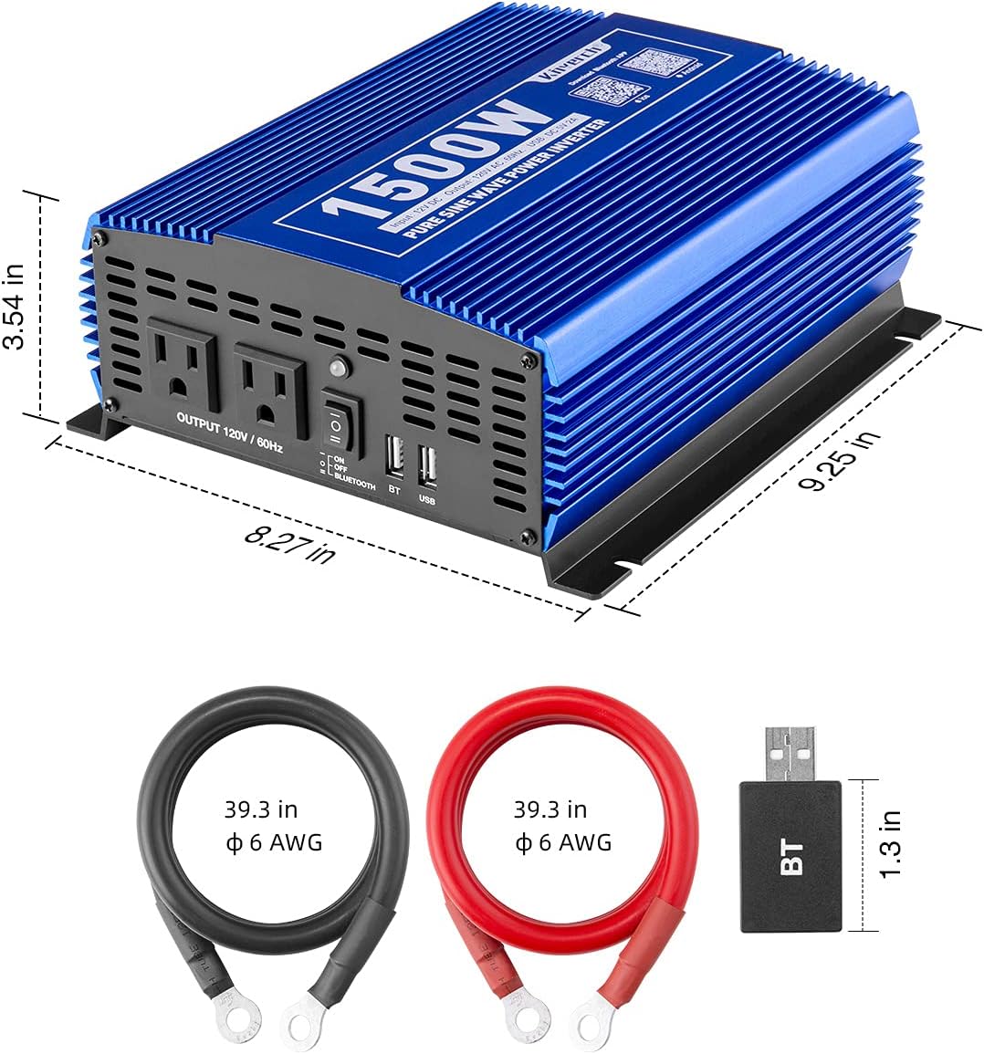 1500W Pure Sine Wave Power Inverter 12V DC to 110V AC Car Inverter with Bluetooth 2AC Outlets USB Port T9121