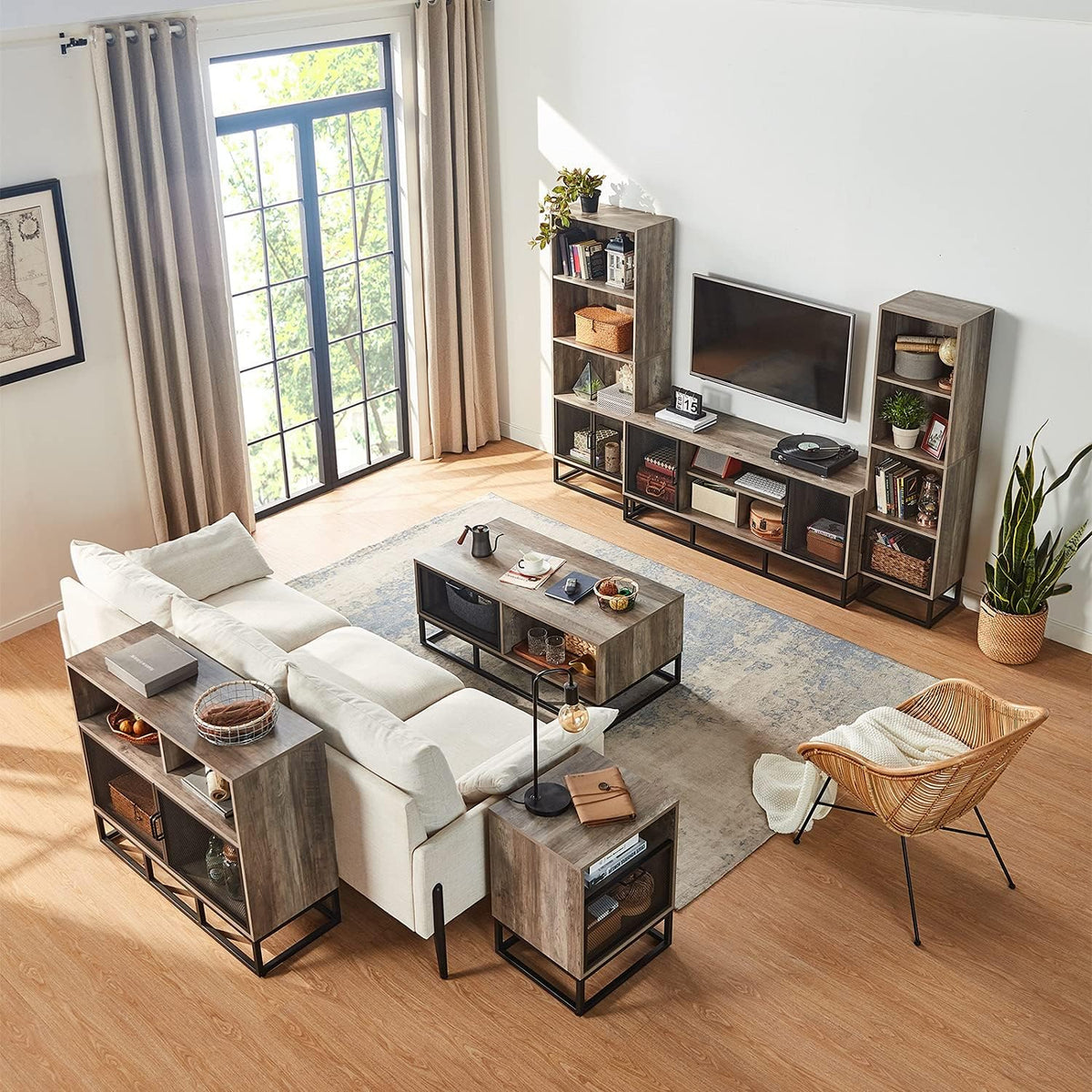 Grey 4-Tier Wood Bookcase with 4 Display Cases N812014