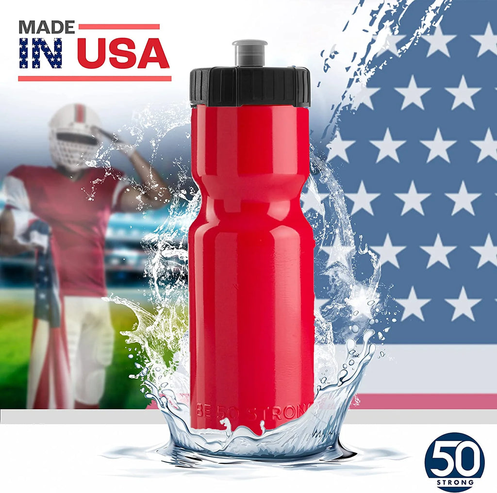 50 Strong Bulk Red Water Bottles, 24 Pack Sports Bottle, 22 oz. BPA-Free Easy Open with Pull Top Cap, Made in USA, Reusable Plastic Water Bottles for Adults & Kids, Top Rack Dishwasher Safe D38417