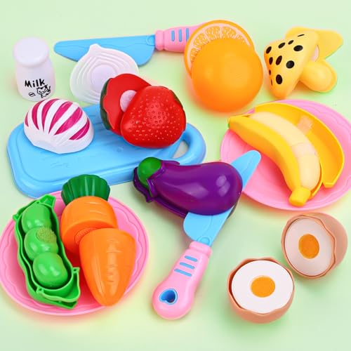 Play Food with Cutting Fruits & Vegetables, Plastic Mini Dishes Shopping Basket and Knife X423485