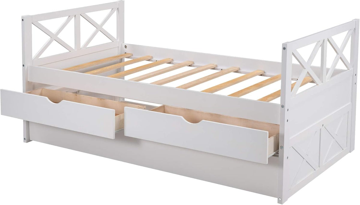 White Wood Twin Captain's Daybed with Trundle and 2 Storage Drawers G72131