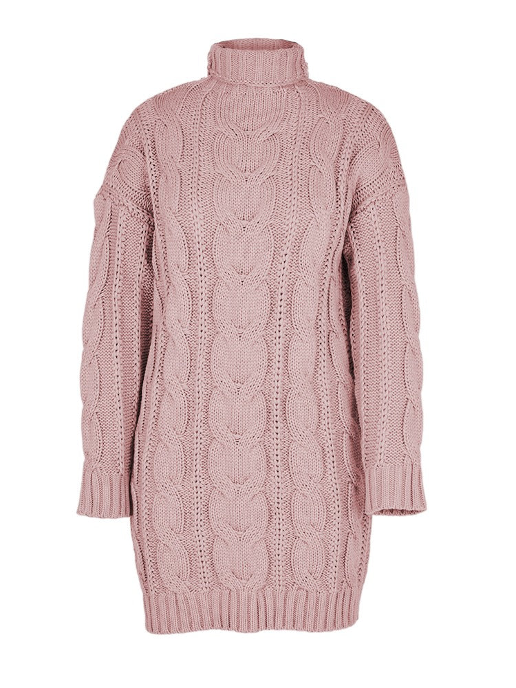 Turtleneck Cable Knit Long Sweater Dress I922161