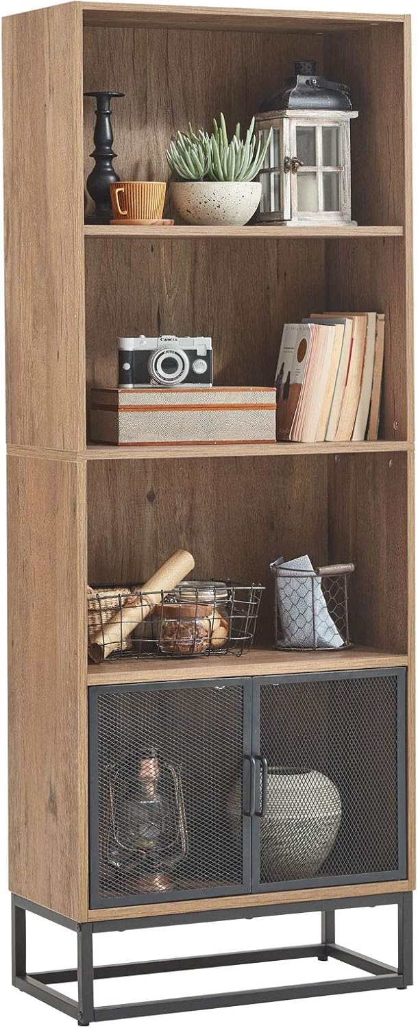 Grey 4-Tier Wood Bookcase with 4 Display Cases N812014