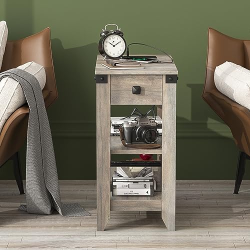 Set of 2 Narrow Side Table with Charging Station and Storage Drawer Rustic Grey F64988
