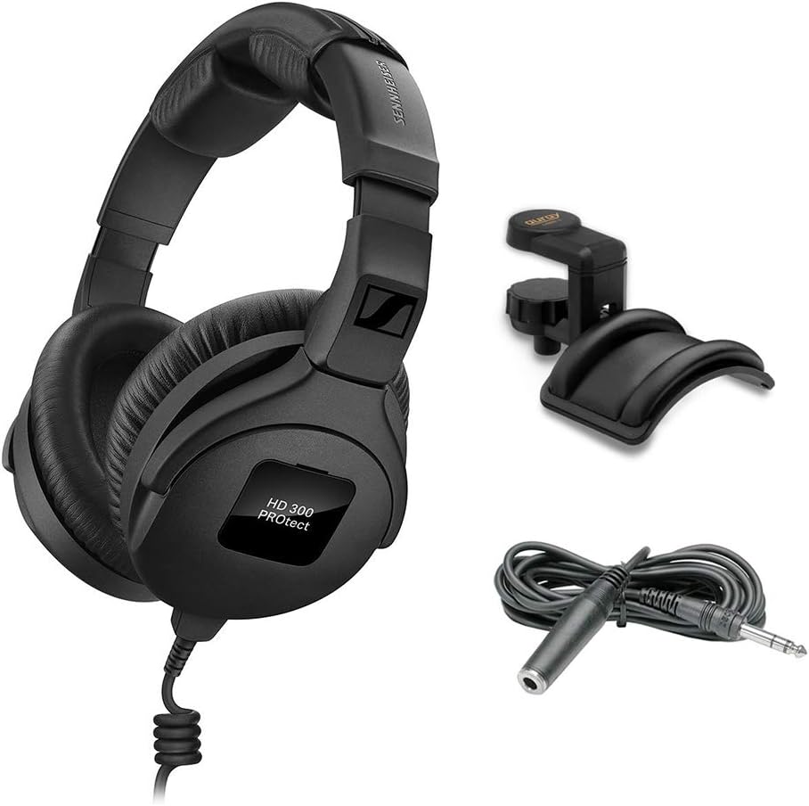 Black HD 300 Pro Headphones with Headphone Holder & Stereo 1/4 Male Phone TRS Headphone Extension Cable 10' O848733