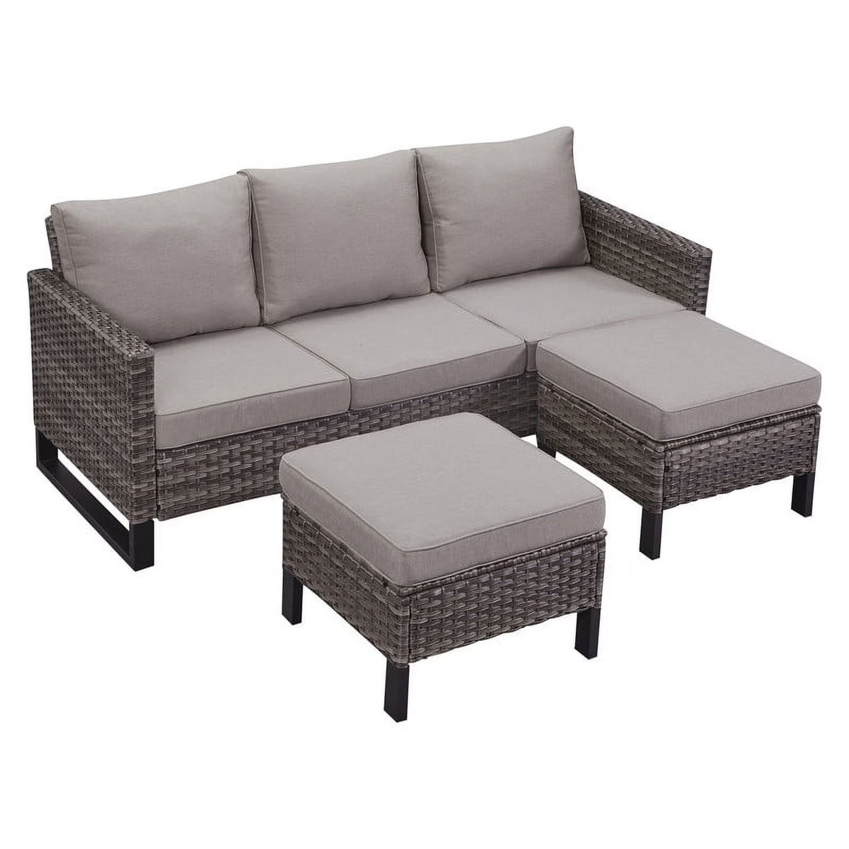 Gray 3 Piece Outdoor Patio Sectional Sofa Set with Cushioned Ottomans H847839
