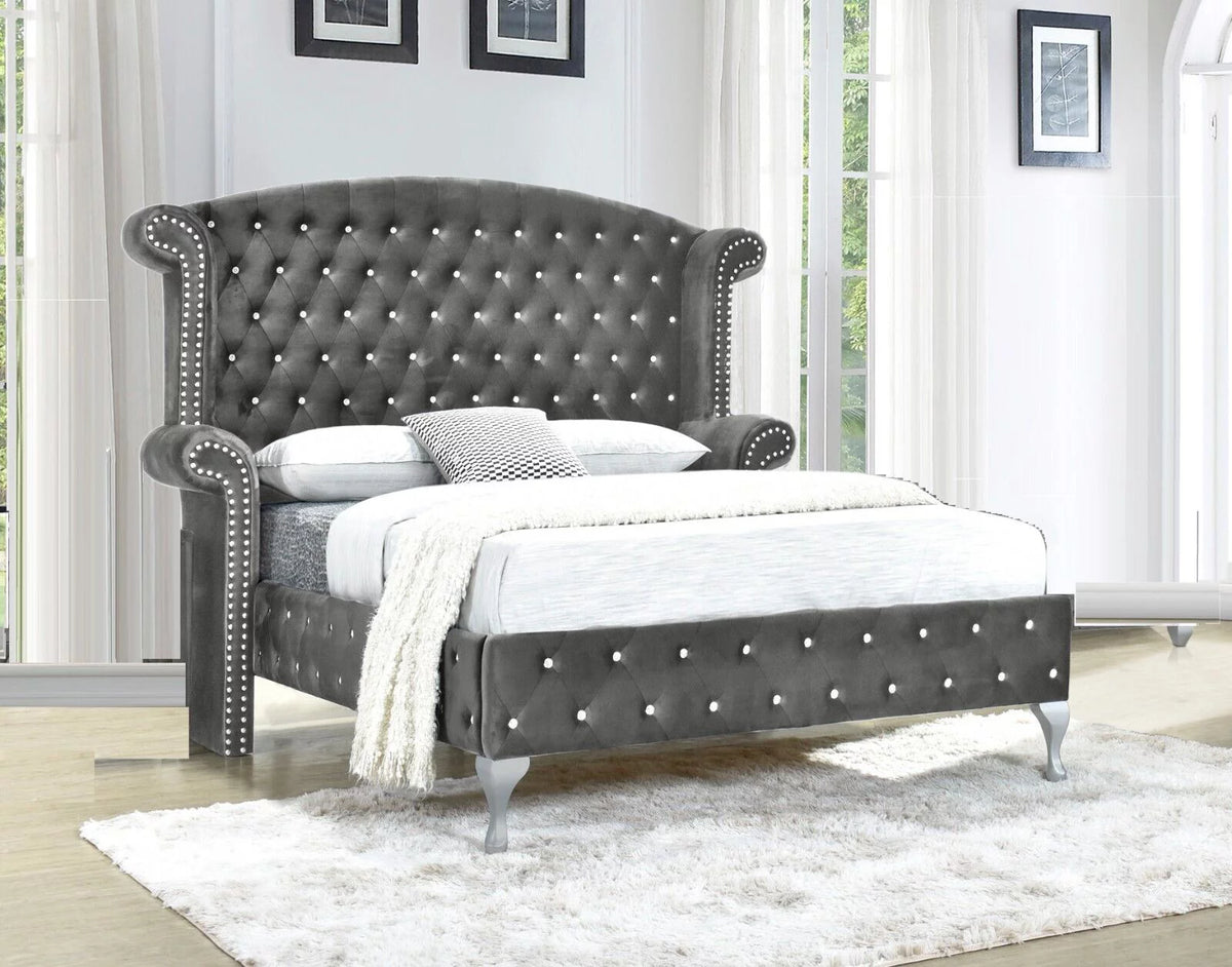 Gray Velvet Queen Size 6Pc Bedroom Furniture Set U70921