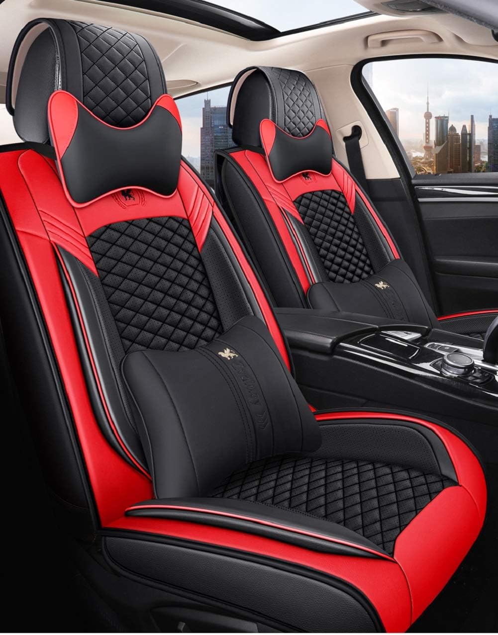 Leather Car Seat Covers 5 Seats Full Set Black Pink Y537761
