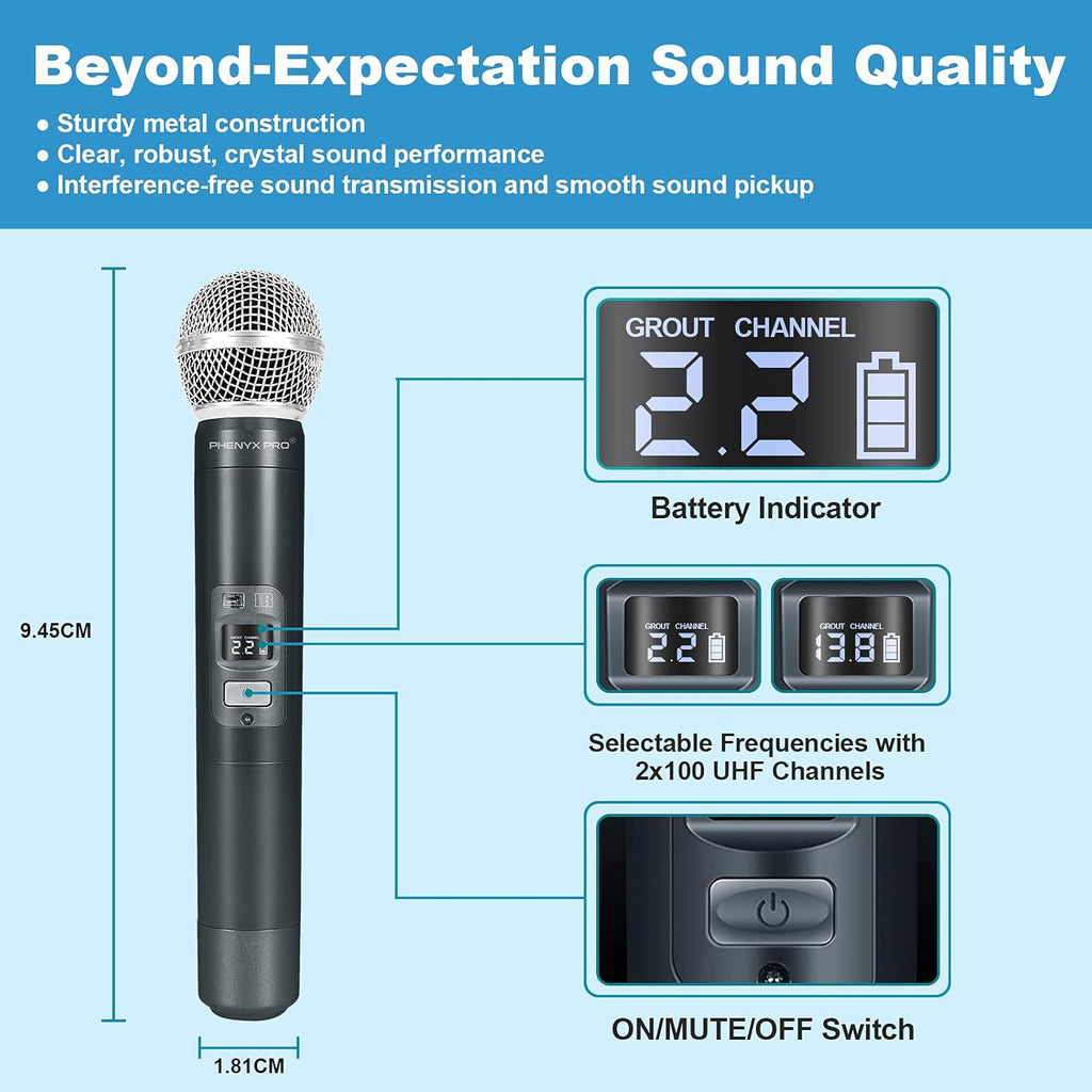 Wireless Microphone System, Dual Channel Cordless Mic Set with 2 Handhelds W4020