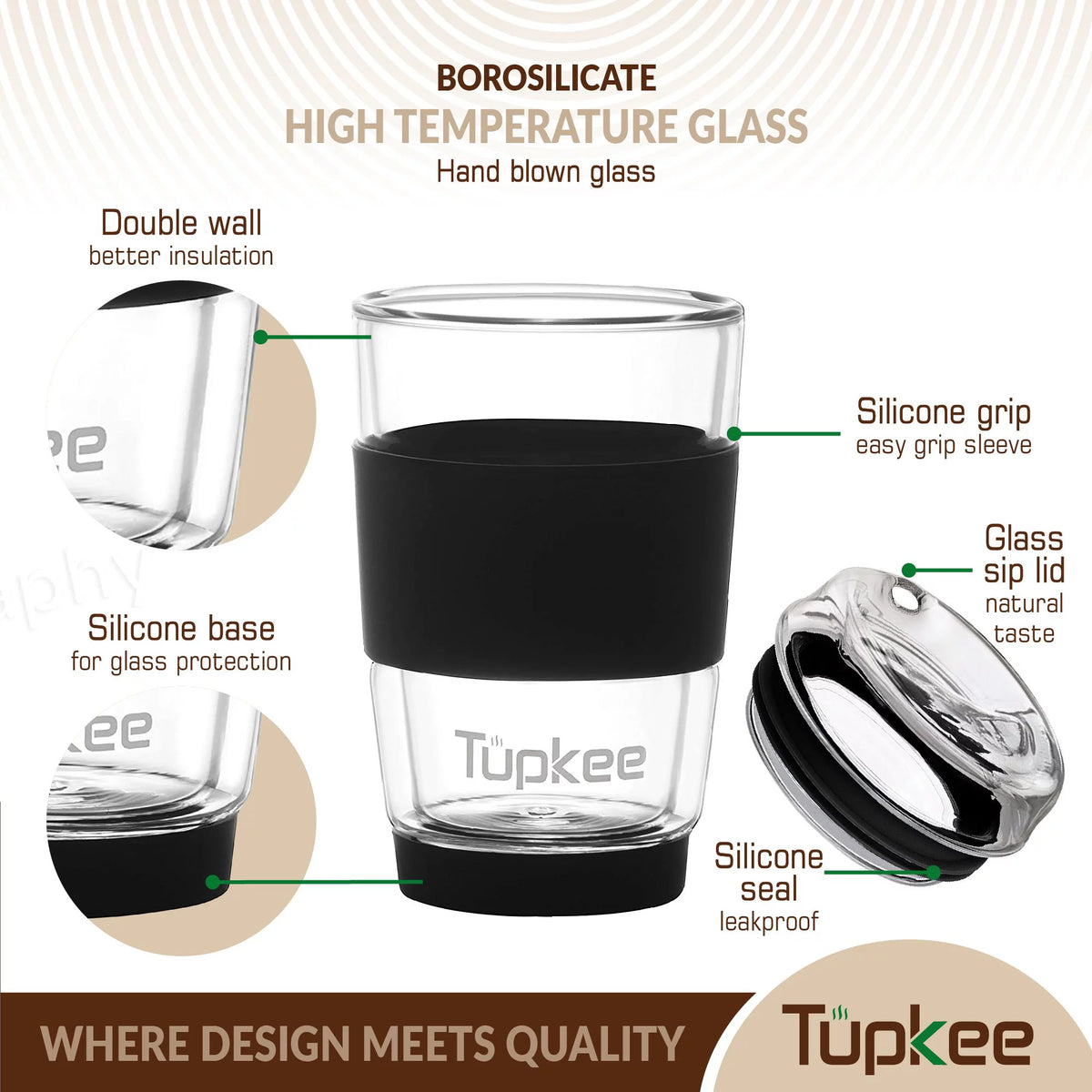 Black 8-Ounce Double Wall Glass Tumbler with Lid I8417