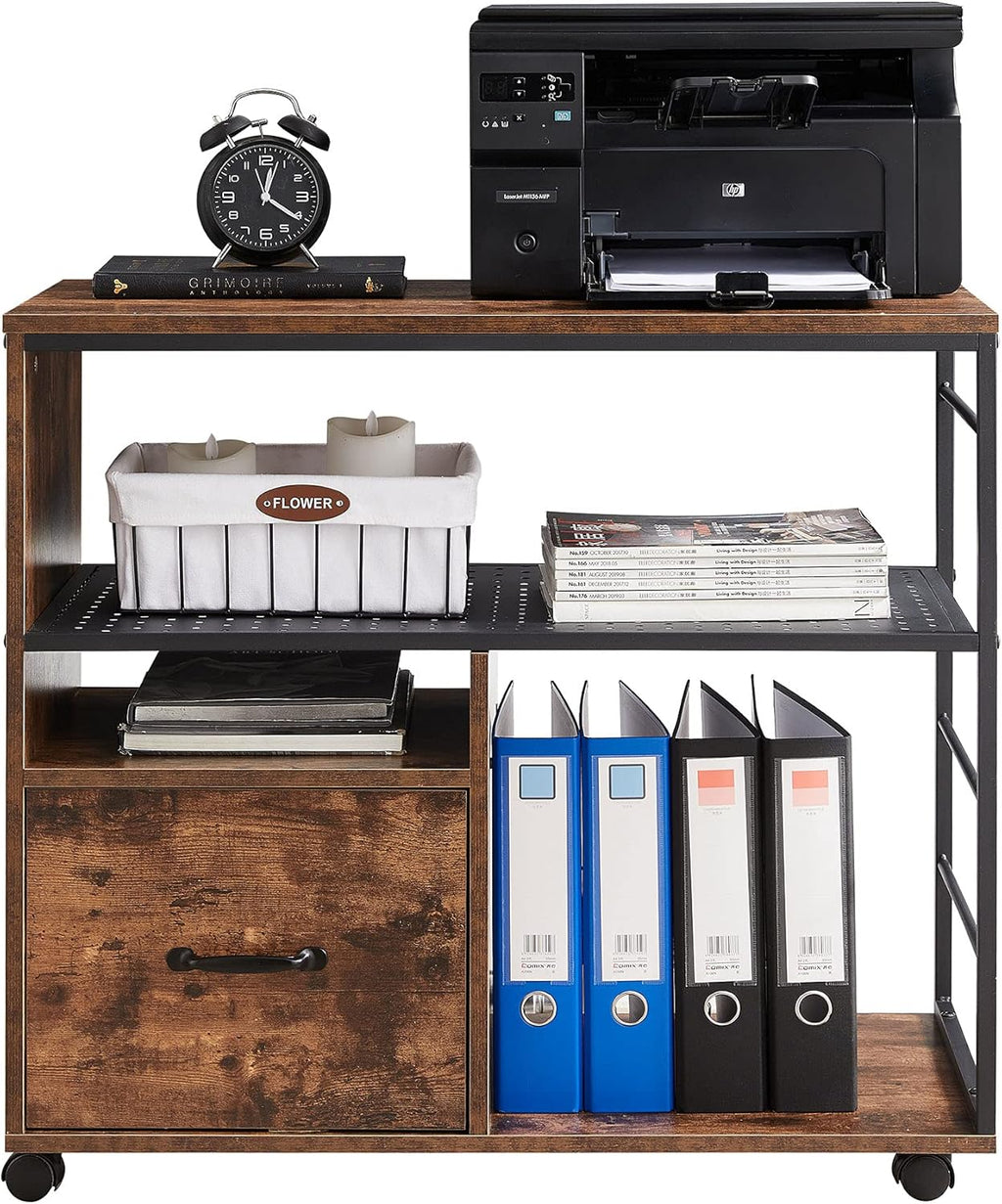 Industrial File Cabinet with Drawer, Printer Stand with Open Storage Shelves, Filing Cabinet with Wheels, Rustic Brown V885
