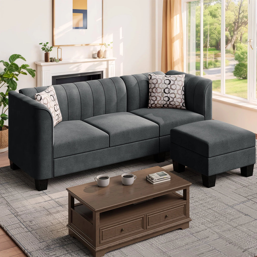Black L Shaped Linen Fabric Sectional Sofa N8312