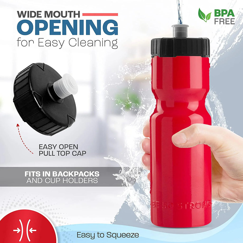 50 Strong Bulk Red Water Bottles, 24 Pack Sports Bottle, 22 oz. BPA-Free Easy Open with Pull Top Cap, Made in USA, Reusable Plastic Water Bottles for Adults & Kids, Top Rack Dishwasher Safe D38417