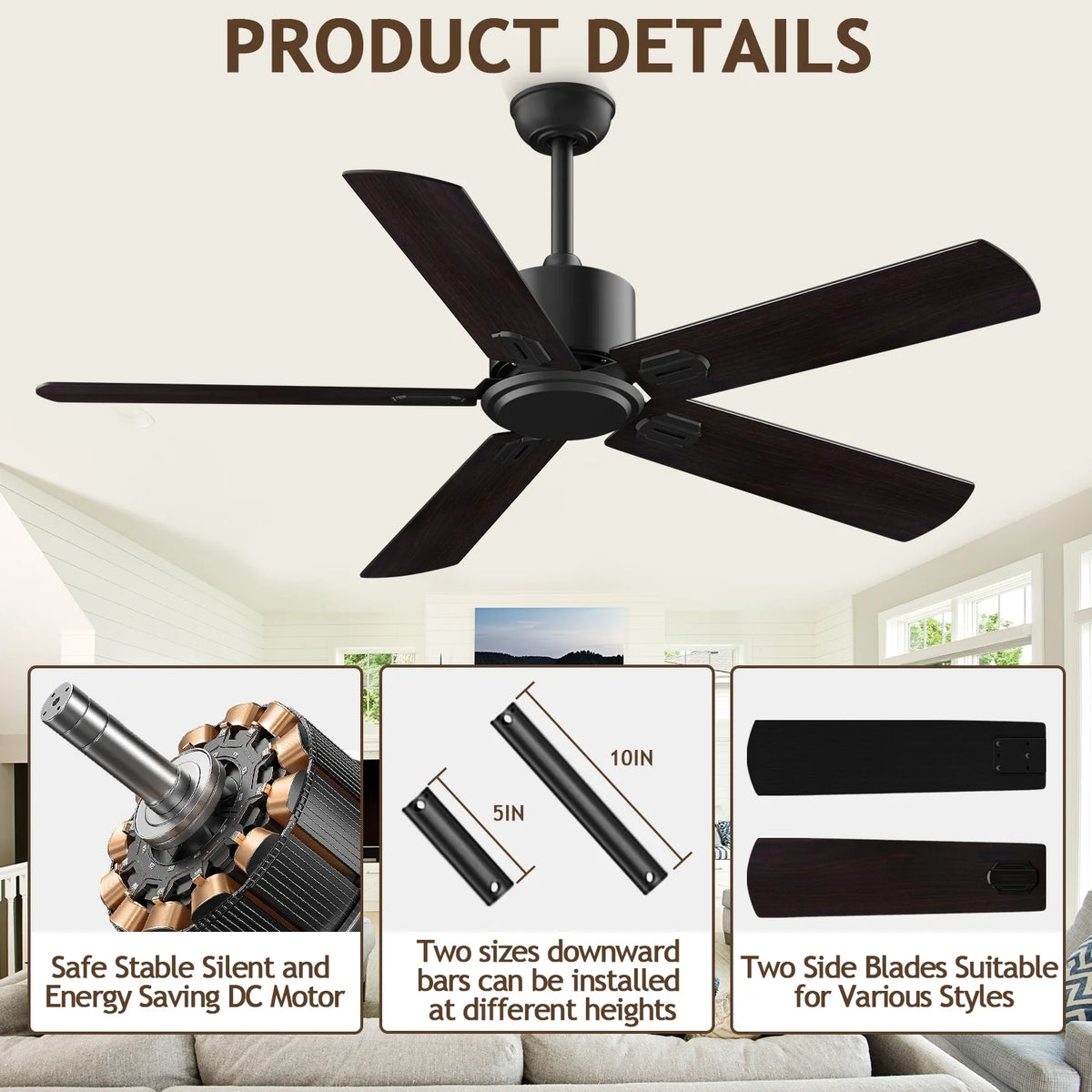 52" Ceiling Fan with Remote Control No Light, 6 Speeds Reversible DC Motor 5 Blades Black/Walnut C2687