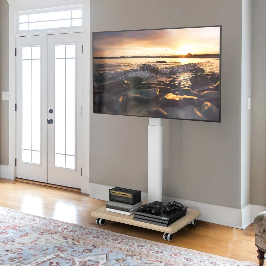 Modern Rolling TV Stand up to 65 inch White Wooden Base U288518