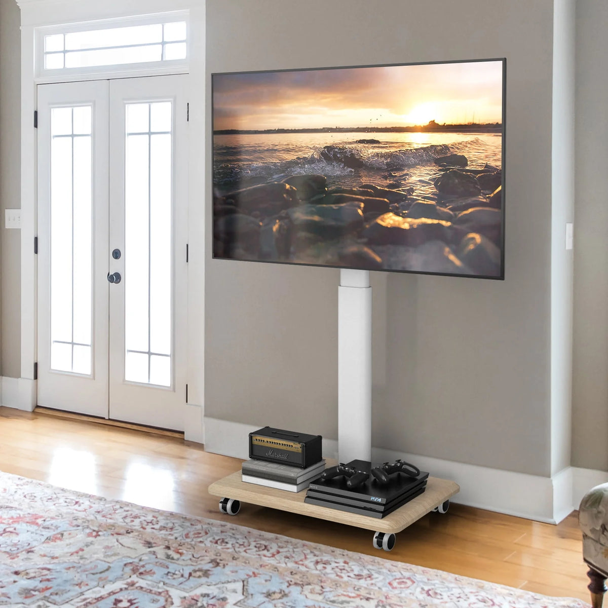 Modern Rolling TV Stand up to 65 inch White Wooden Base U288518