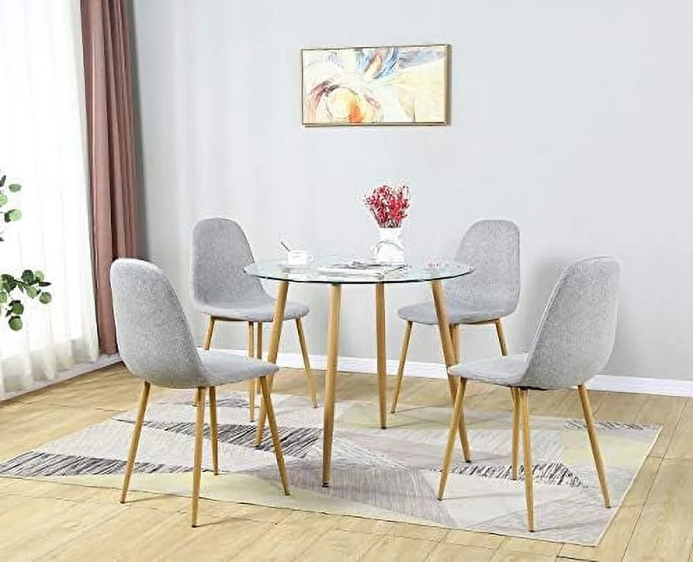 5 Pieces Round Glass Dining Table Set with Fabric Chairs T2169