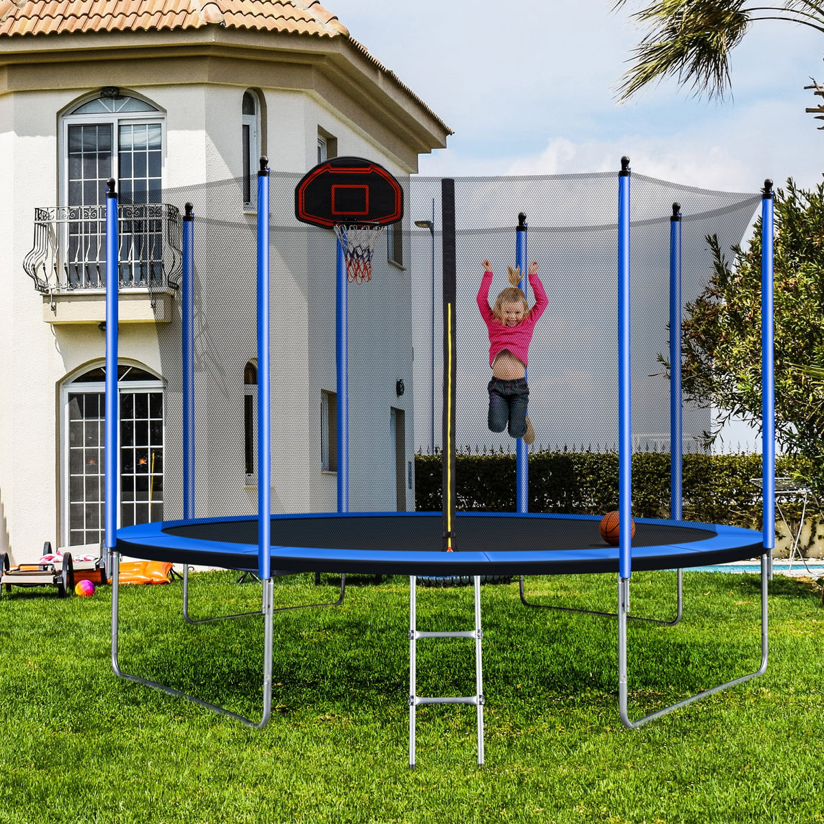 Blue 10FT Trampoline with Basketball Hoop and Ladder J254