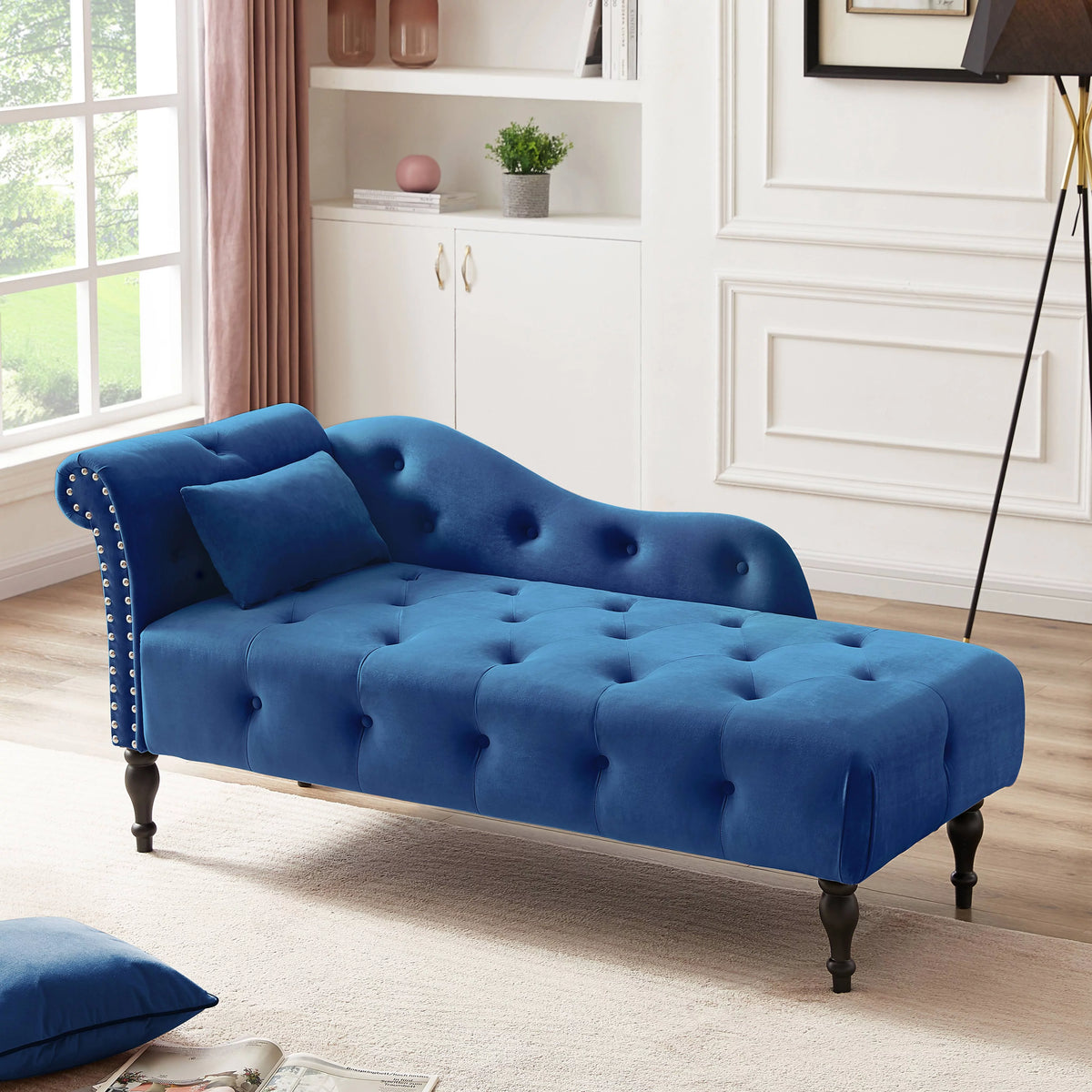 Blue Upholstered Chaise with Accent Pillow S3259