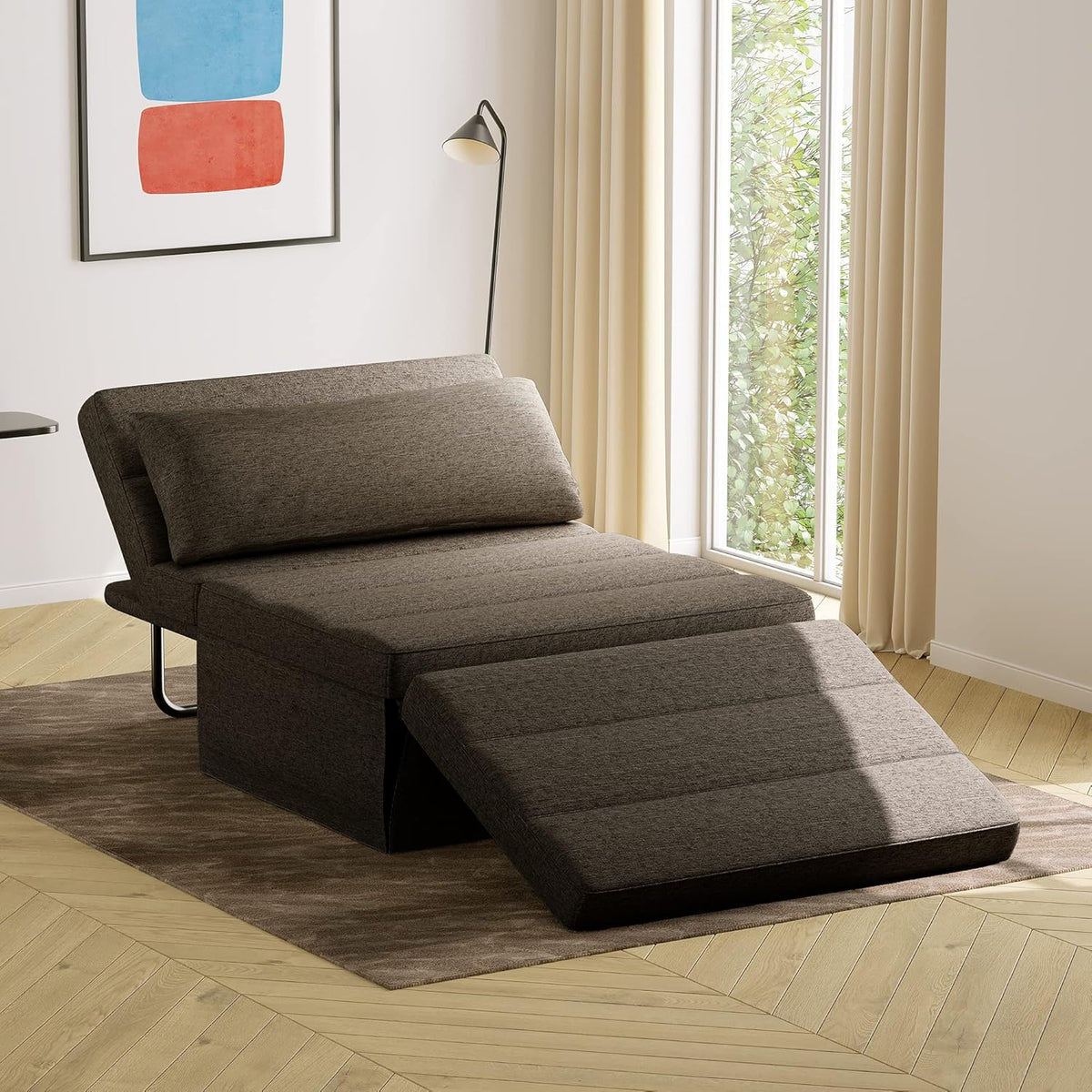 Light Brown Linen Fabric Convertible Sofa Bed F8560