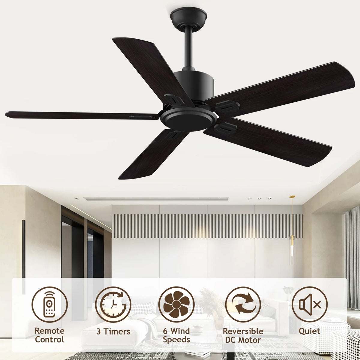 52" Ceiling Fan with Remote Control No Light, 6 Speeds Reversible DC Motor 5 Blades Black/Walnut C2687