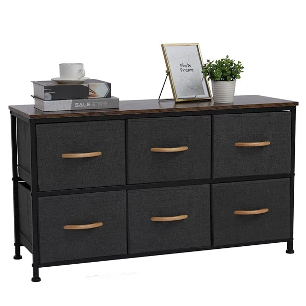 Gray 6 Drawer Fabric Dresser with Wooden Tabletop C5958