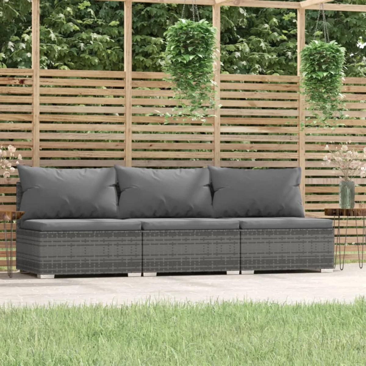 3-Seater Gray Poly Rattan Sofa with Cushions M361
