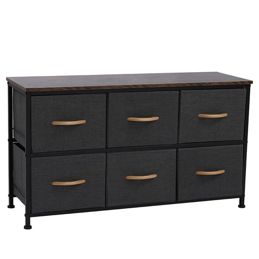 Gray 6 Drawer Fabric Dresser with Wooden Tabletop C5958