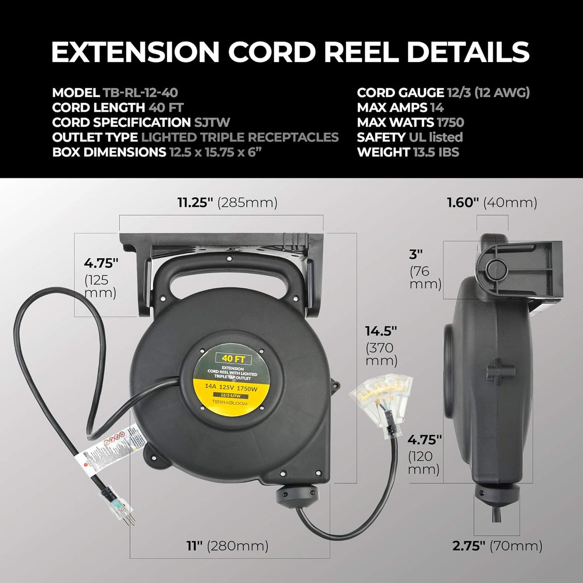 40 Ft 12/3 Retractable Extension Cord Reel with 3 Electrical Outlets P248556
