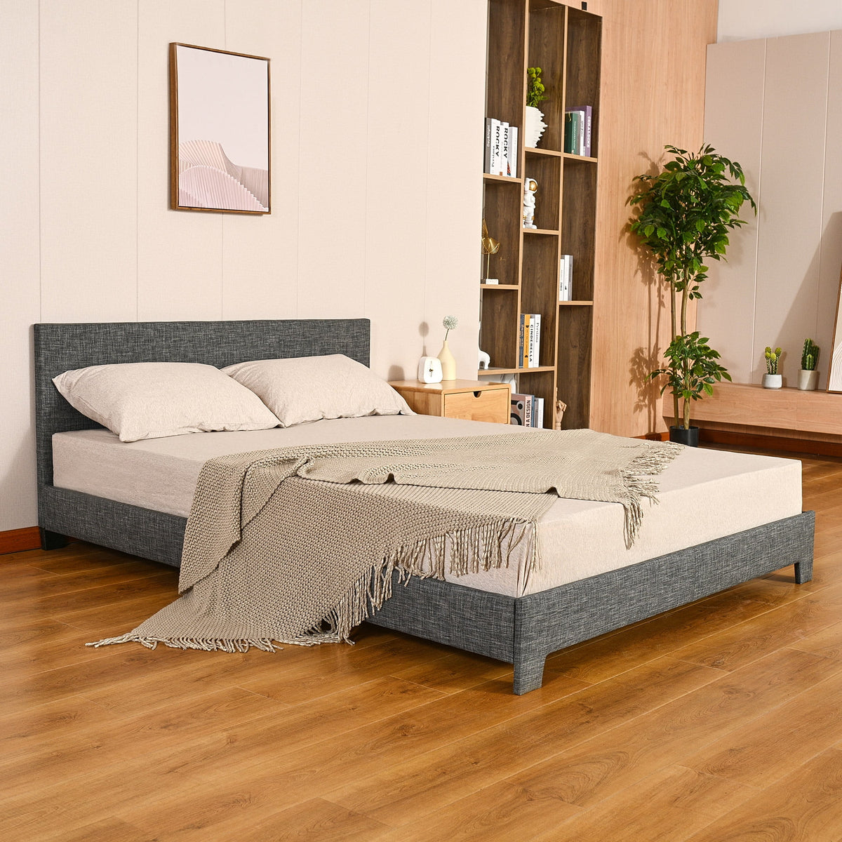 Queen Bed Frame with Headboard, Wood Slats, Gray M10166