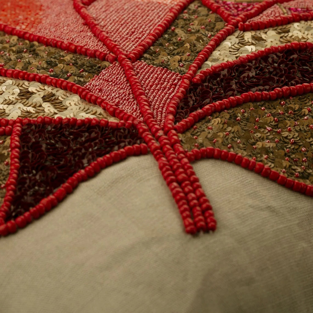 Red & Beige 16"x16" Linen Beaded Maple Leaf Throw Pillow Covers R933