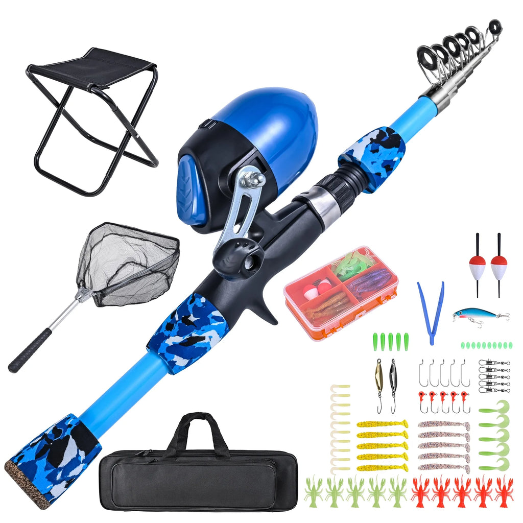 Kids Fishing Rod and Reel Combo with Collapsible Fishing Stool, Landing Net, and Tackle Box E517911