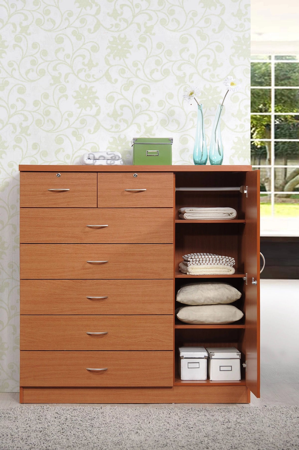 7 Drawer Dresser with Side Cabinet and 3 Shelves, Chocolate C9131