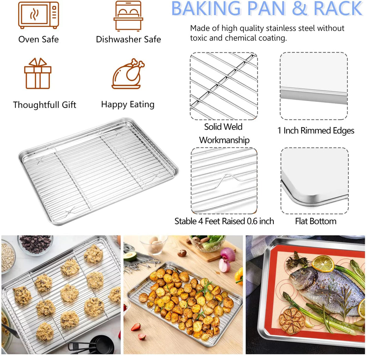 16 inch Stainless Steel Baking Sheet with Rack & Mat Set of 6 E9639