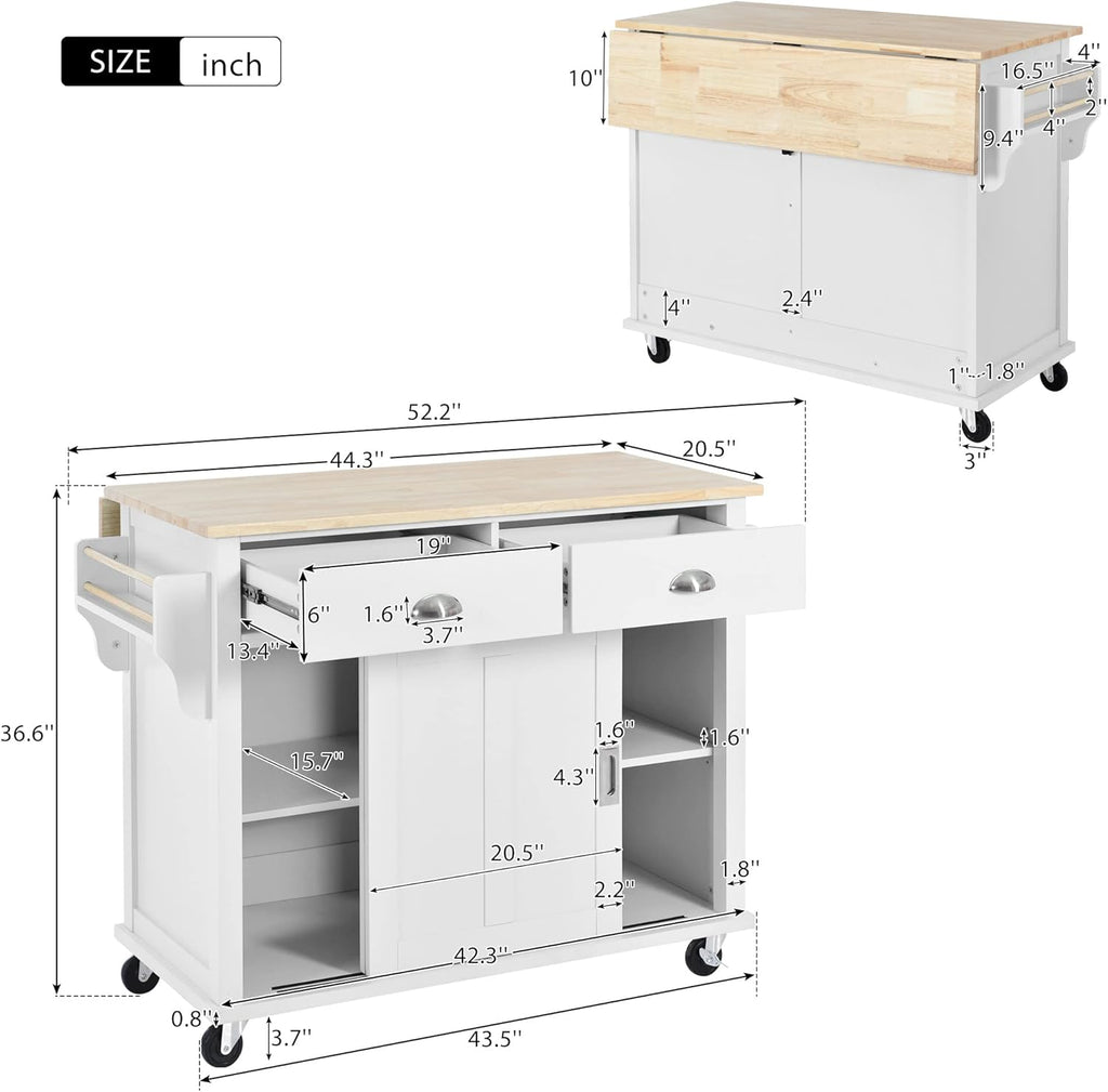 Mobile Kitchen Island Cart with Spice Rack and Towel Rack, Rolling Kitchen Island with Drop Leaf, 2 Drawers and Sliding Barn Doors B935