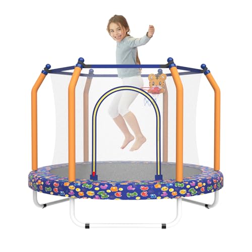 55" Kids Trampoline with Basketball Hoop and Safety Enclosure W746