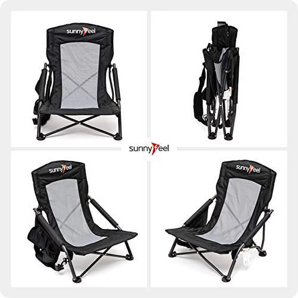 Low Beach Chair Folding Camping Mesh Back with Sling Strap Compact Heavy Duty 2 Pack Black E34741