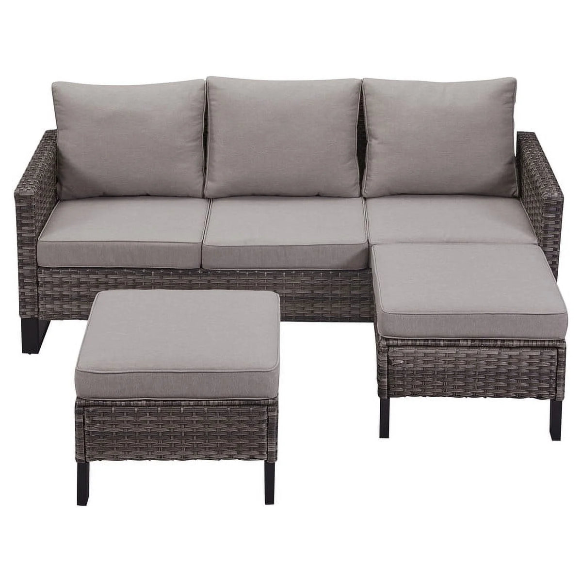 Gray 3 Piece Outdoor Patio Sectional Sofa Set with Cushioned Ottomans H847839